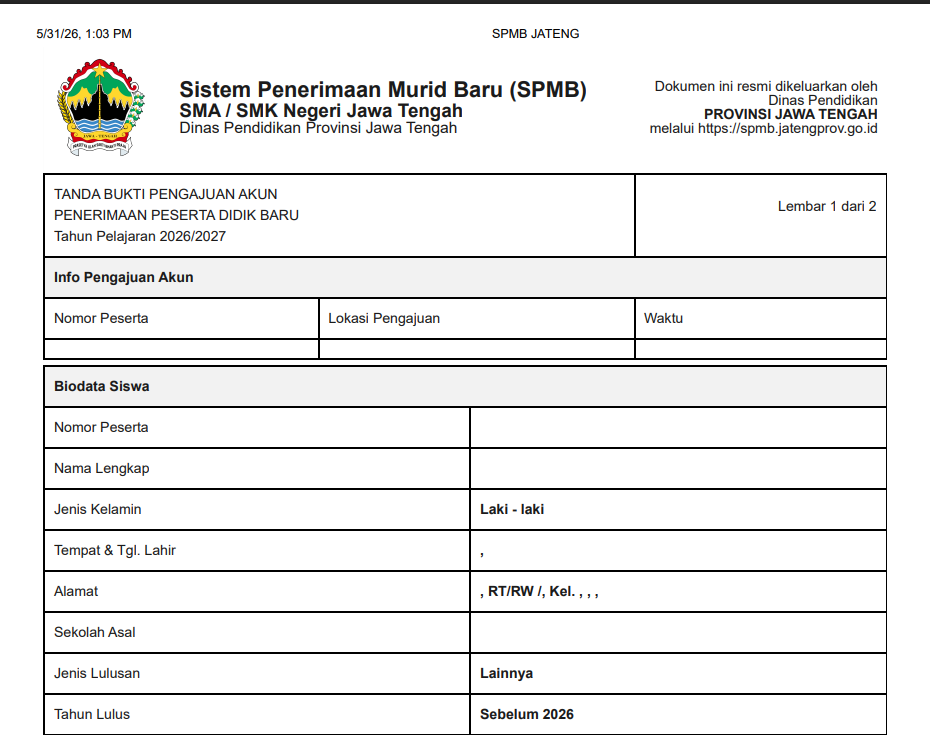 Contoh bukti ajuan akun SPMB Jateng